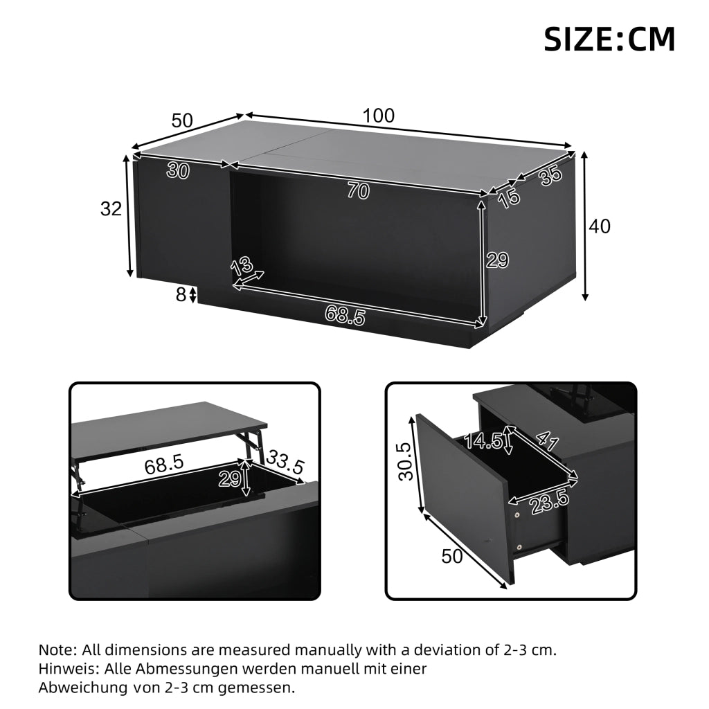 TAVOLO da caffè 100 x 50 x 40 cm nero con piano regolabile, cassetto e LED