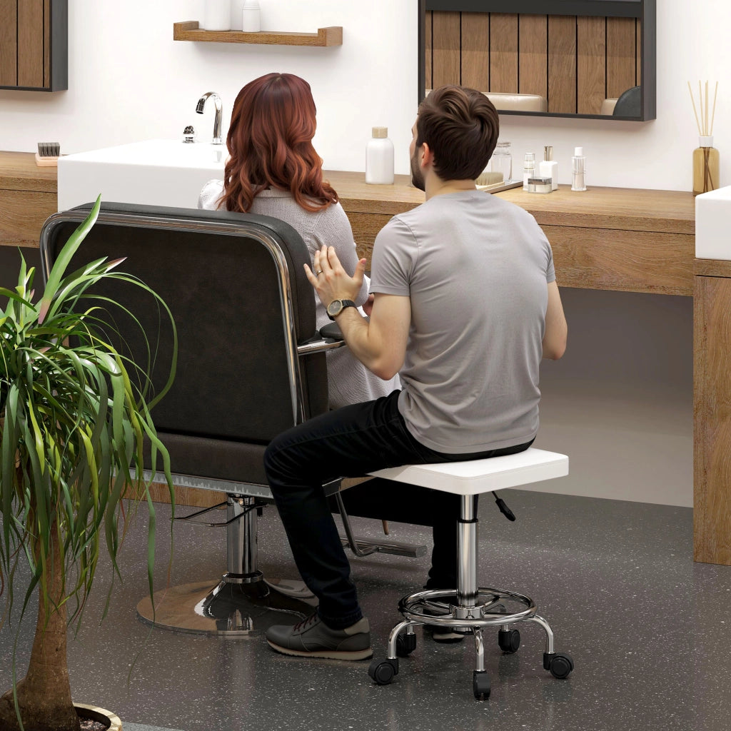 Sgabello Girevole Ajustable con Seduta Imbottita e Ruote ¨C zephmum ¨C 34x34x50-66 cm Bianco