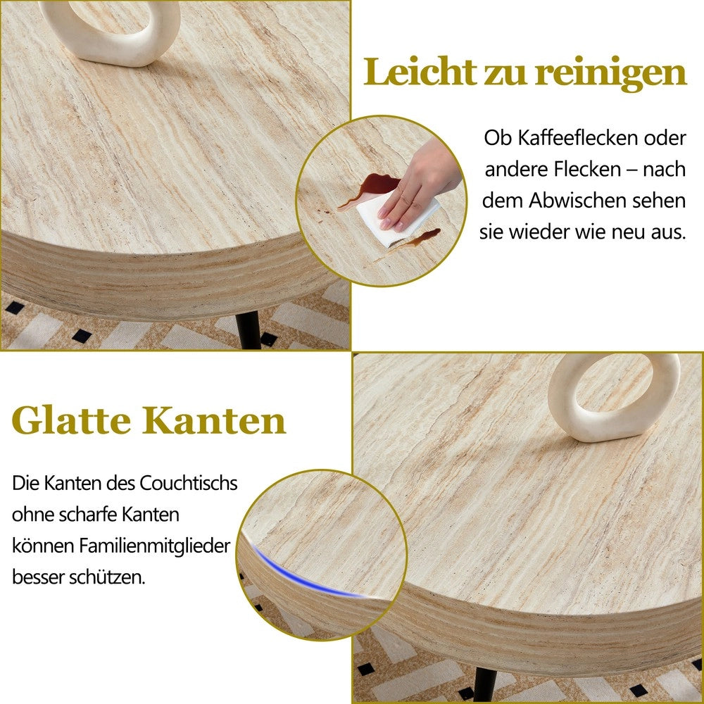 Tavolino da Caff¨¨ Rotondo ¨C MINIMAL ¨C MDF Effetto Travertino, Gambe in Metallo Nero, ?70 cm