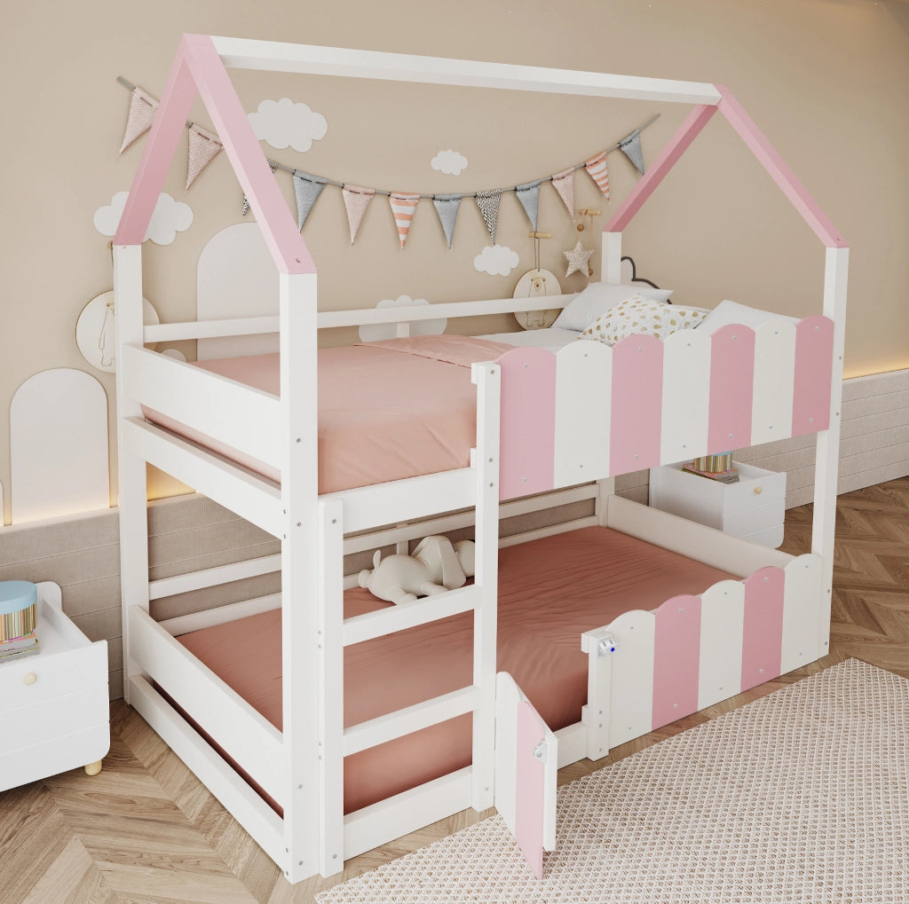 Letto a castello per bambini a forma di casetta 90x200 cm; rosa e bianco; con rete a doghe