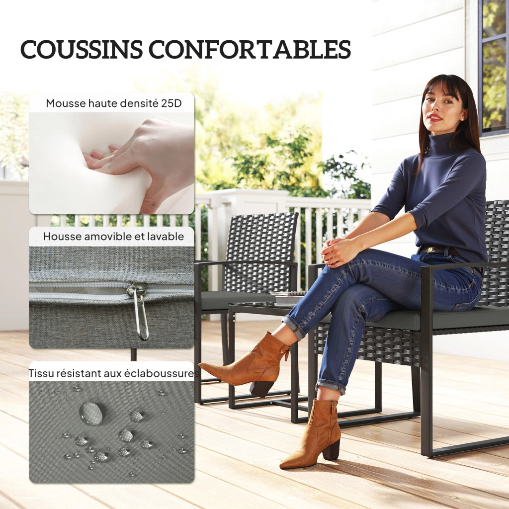 Set Giardino con Tavolo e Sedie ¨C Zephmum ¨C Polyrattan Nero Vetro Temperato
