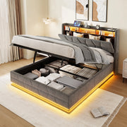 Letto contenitore 140 × 190 cm con LED, ripiani aperti, tasche laterali e USB Type-C, senza materasso, grigio scuro