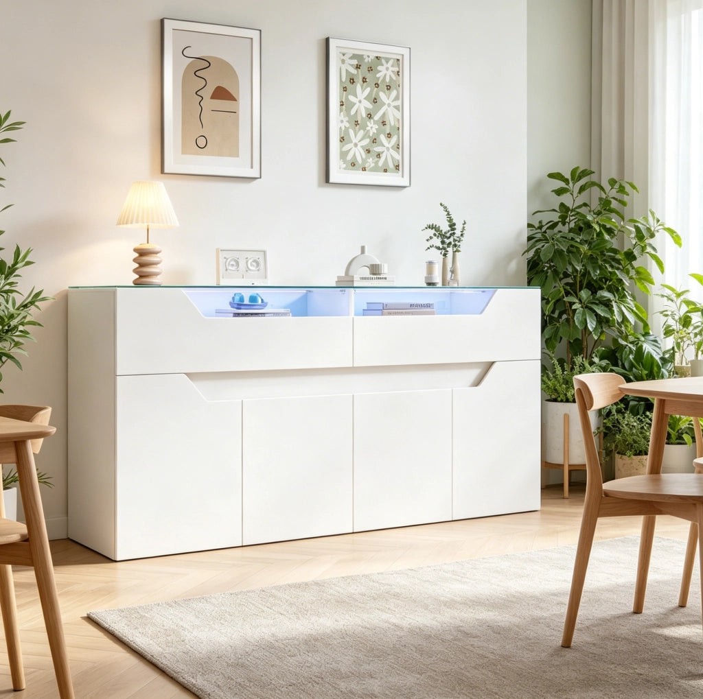 Credenza 140x40x70 cm in MDF bianco con piano in vetro temperato， 2 cassetti e LED