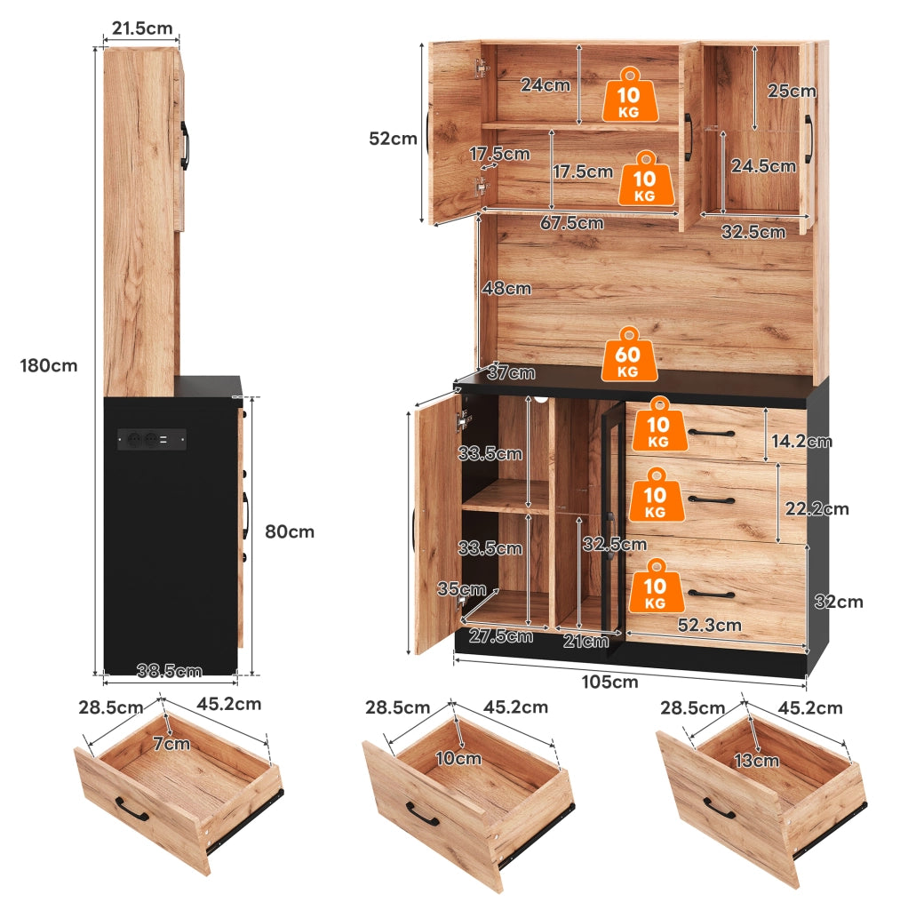Colonna cucina in MDF con LED, prese USB e ante in vetro
