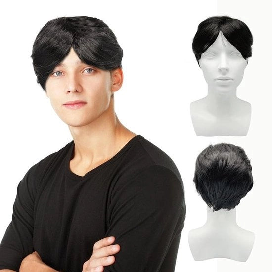 Pruik Uomo Corta Nera - Fibra Sintetica - Pruik da Costume - Pruik Tema Festa - Facile da Usare - Unico Misura