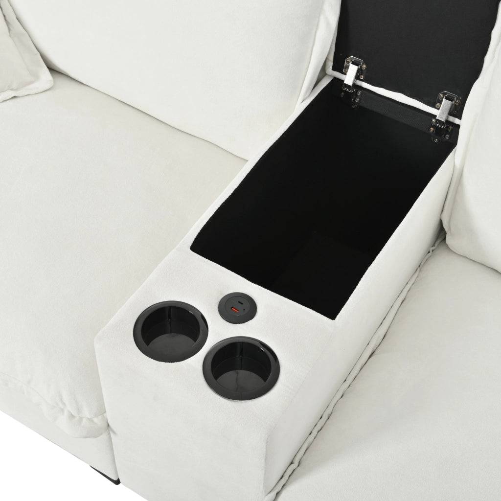 Divano modulare con pouf; contenitore; portabicchieri e USB - in chenille beige