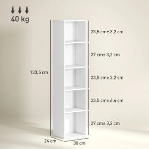 Libreria a 5 ripiani con mensole regolabili, bianca, 30 x 24 x 133,5 cm