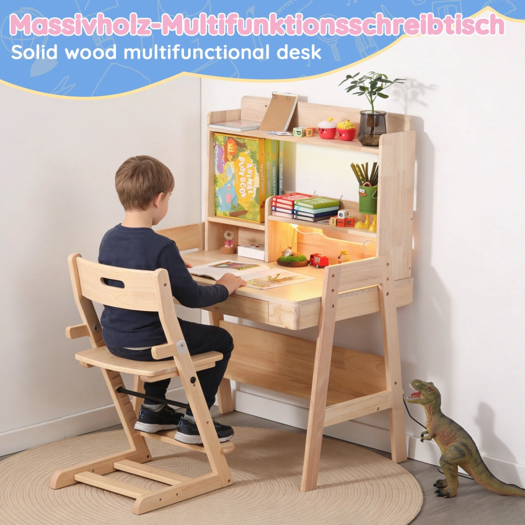 Scrivania per bambini, regolabile in altezza, con cassetto, ripiani, luce a LED, porta USB, color rovere
