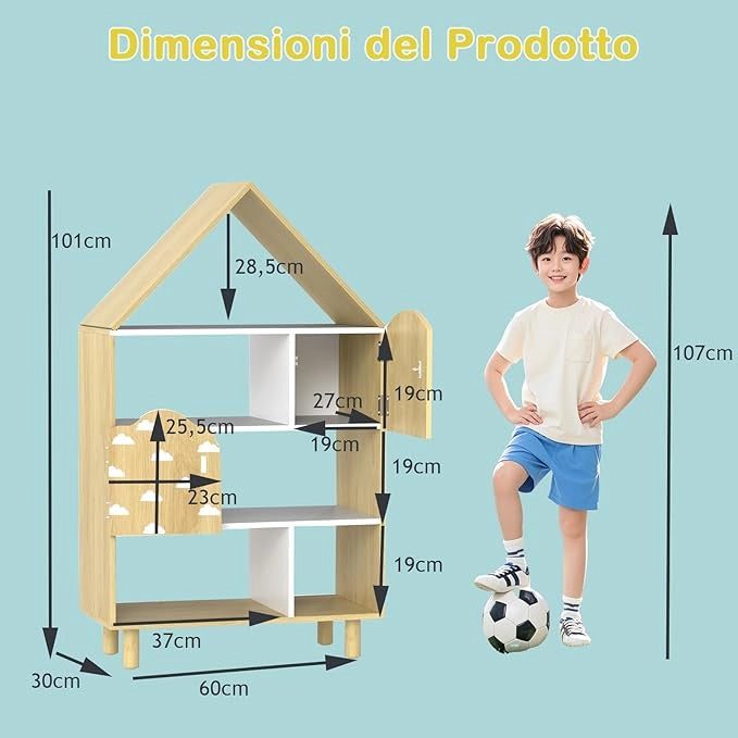 Scaffale per Bambini a Forma di Casa, Libreria Multiusa con 2 Ante, Sistema Anti-ribaltamento e Gambe in Legno per Sala Giochi Asilo Camera da Letto, 60 x 30 x 103 cm