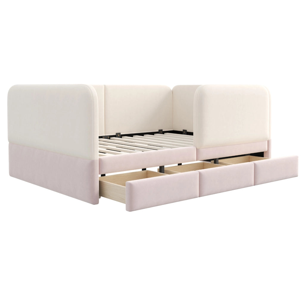 Letto imbottito per bambini 208x147x67 cm con protezione perimetrale in velluto beige e rosa