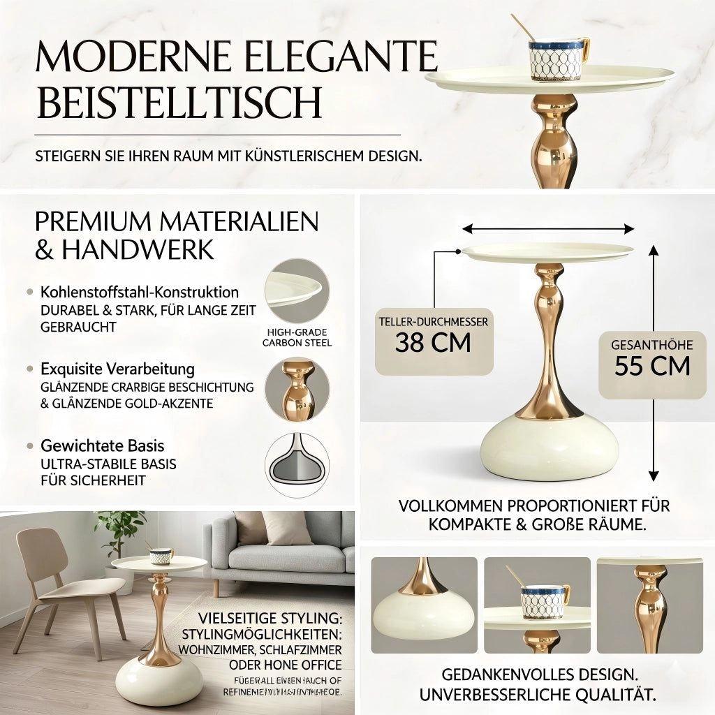 Tavolino basso rotondo con base in metallo, per soggiorno e camera da letto, bianco e oro, per piccoli spazi, 38 cm