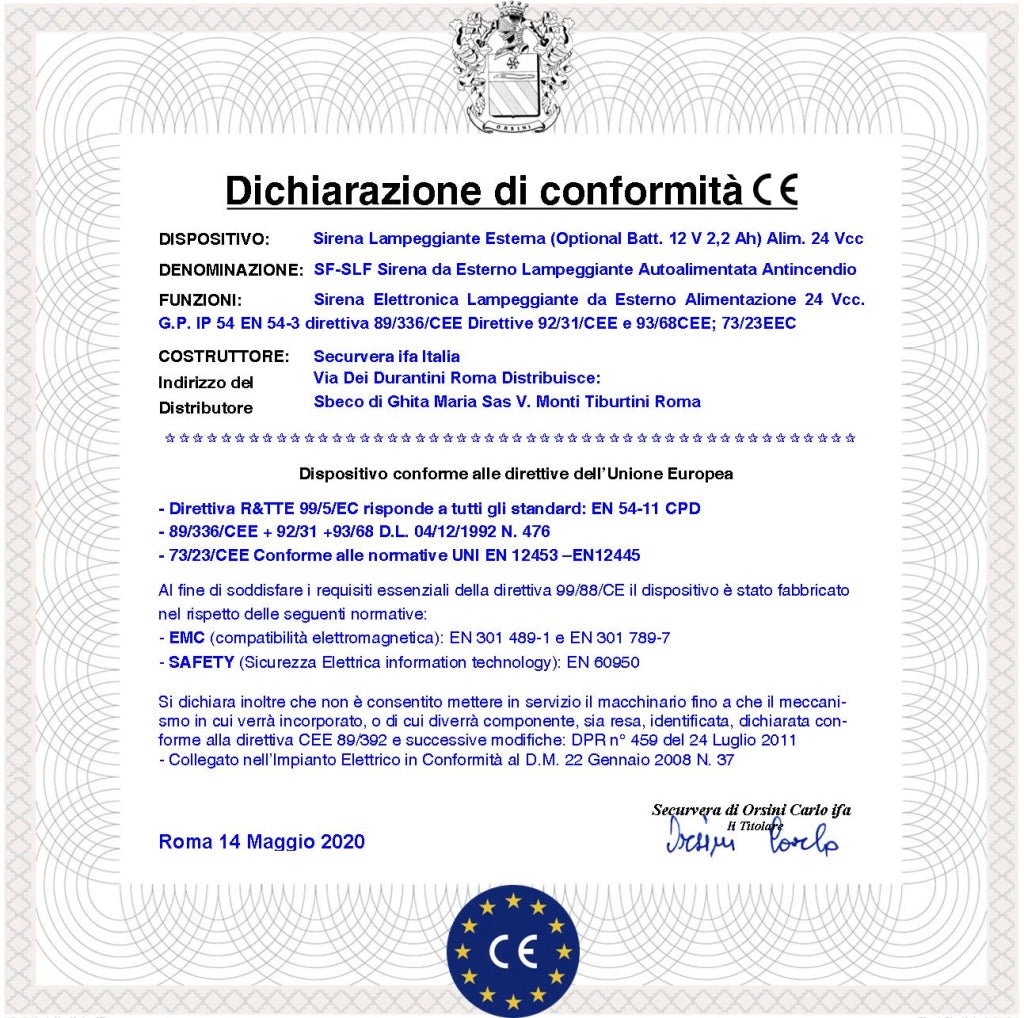 SIRENA ELETTRONICA LAMPEGGIANTE ROSSA ESTERNA SEGNALA ALLARME INCENDIO ALIMENTATA 24 VCC SOTTOCOPERCHIO ANTISCHIUMA