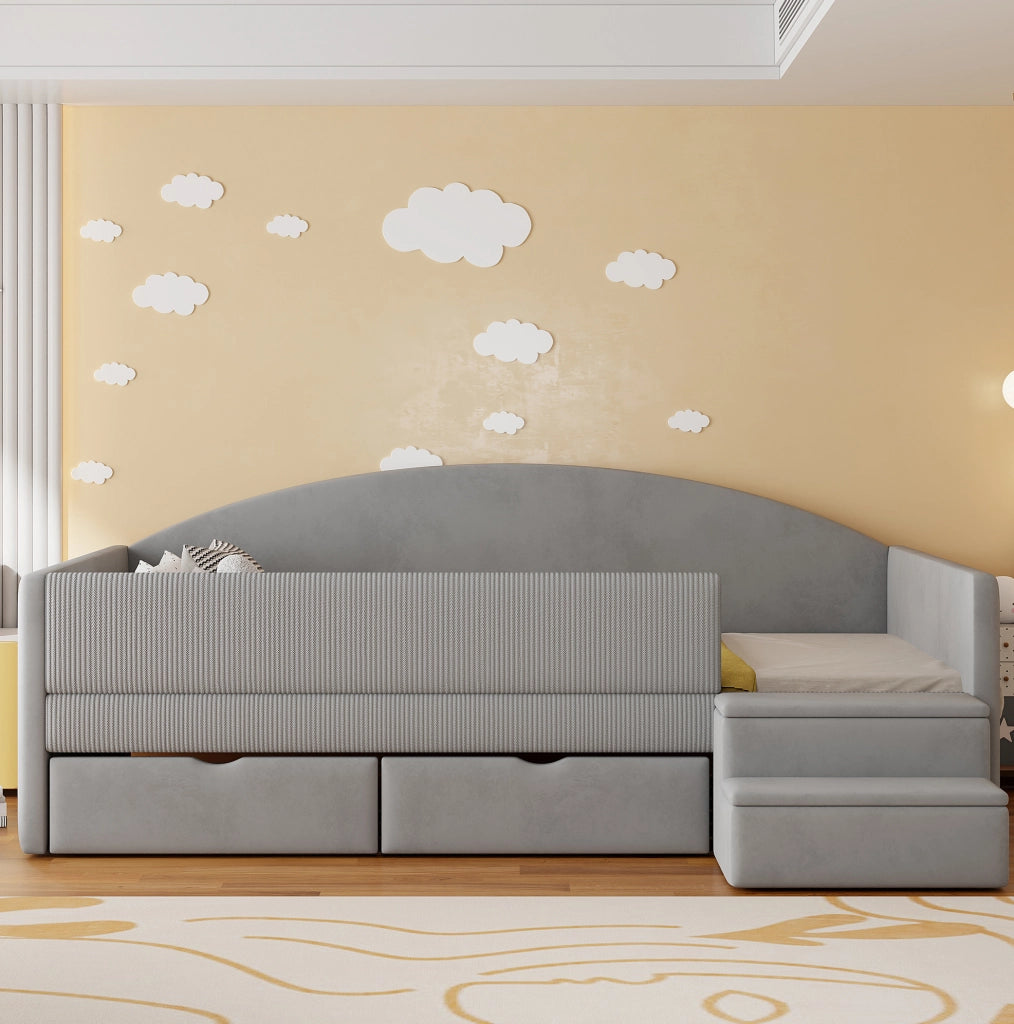 Letto imbottito 90 x 190 cm in velluto grigio acqua con 2 cassetti; sponde e gradini