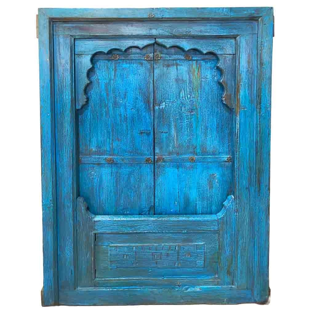 Finestra in legno blu fatta a mano 94x12x142 cm