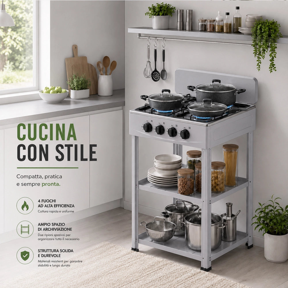 Cucina da Esterno con 4 Fuochi Grigio Cucinotto da Campeggio in Ferro 49x49x79cm