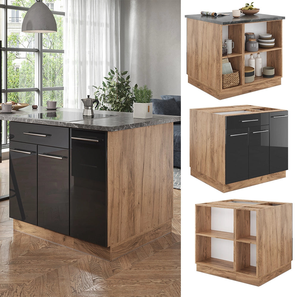 Isola cucina Fame-Line Antracite lucido/Rovere dorato 90 cm con cassetto, senza piano di lavoro Vicco