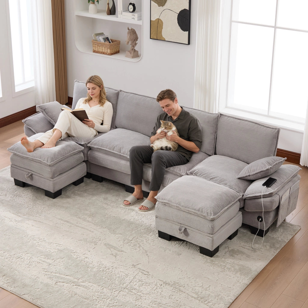 Divano 4 Posti con 2 Poggiapiedi in Tessuto ¨C MINIMAL ¨C Grigio Chiaro