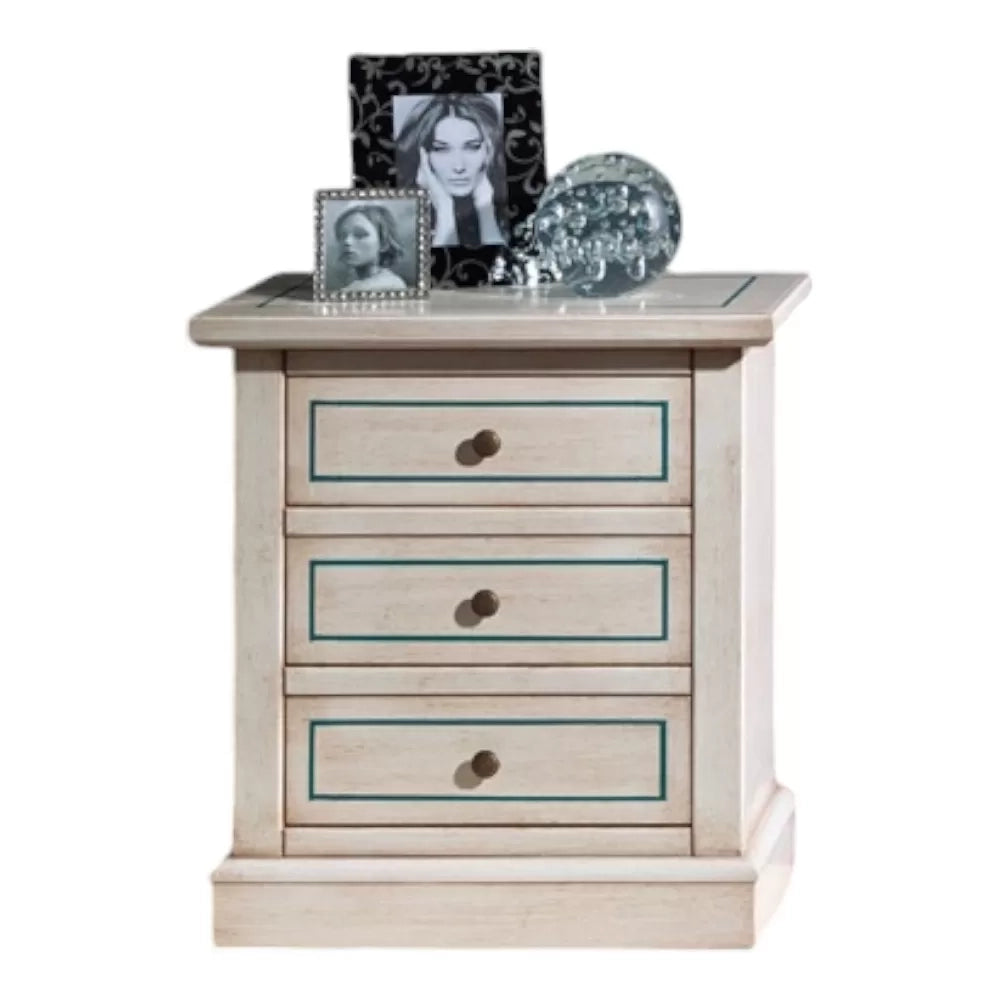 Comodino 3 cassetti legno shabby bianco anticato decori filo azzurro 60x35x64 - Mobili 2G