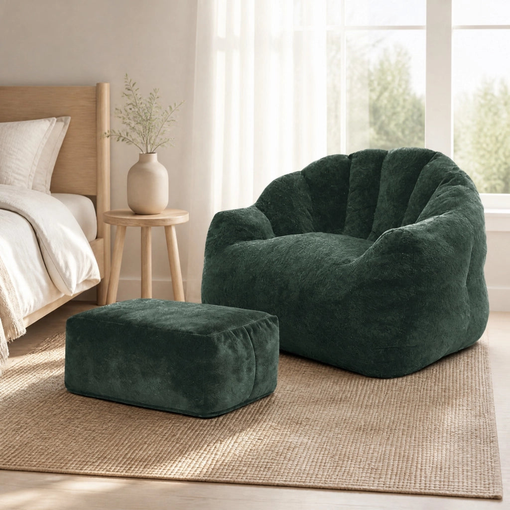 Poltrona singola con pouf, velluto a coste verde scuro, schienale a petalo