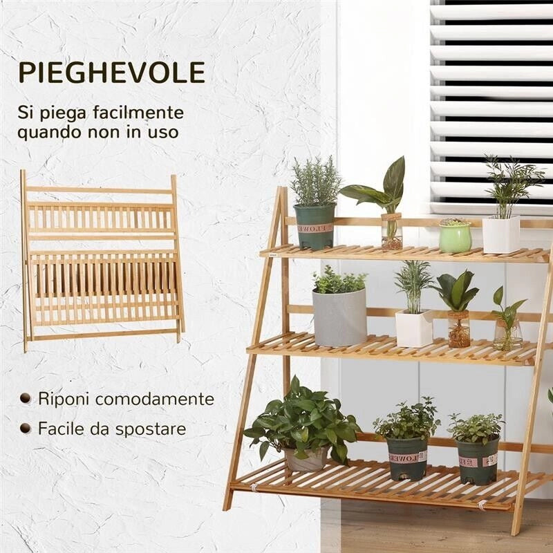 FIORIERA DA ESTERNO A 3 LIVELLI IN BAMBÙ CON DESIGN RIALZATO E PIEGHEVOLE, 98X37X96.5 CM, COLOR LEGNO