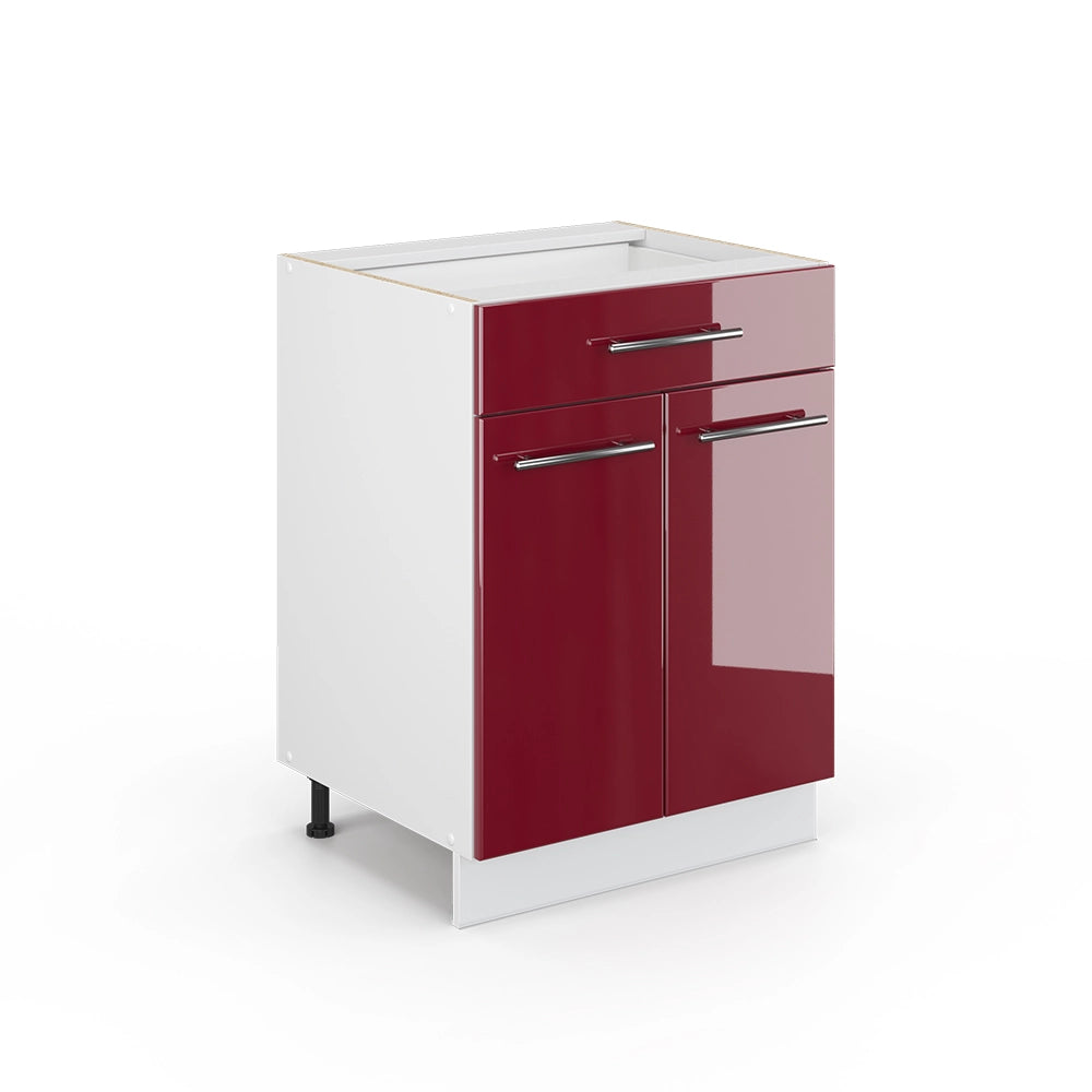 Vicco Mobiletto base per cucina Rosso bordeaux lucido 60 cm con cassetto, senza piano di lavoro