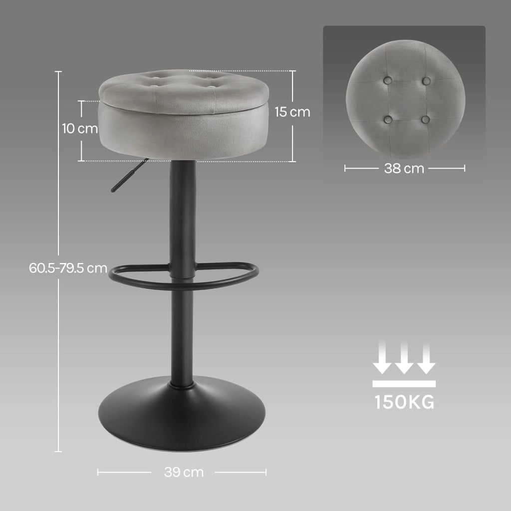 Set di 4 Sgabelli da Cucina, Sgabelli da Bar Alti con Spazio Contenitivo, Sedia Regolabili in Altezza e Girevoli a 360°, per Cucina Sala da Pranzo Bar Bancone, Velluto, Metallo, Grigio Chiaro