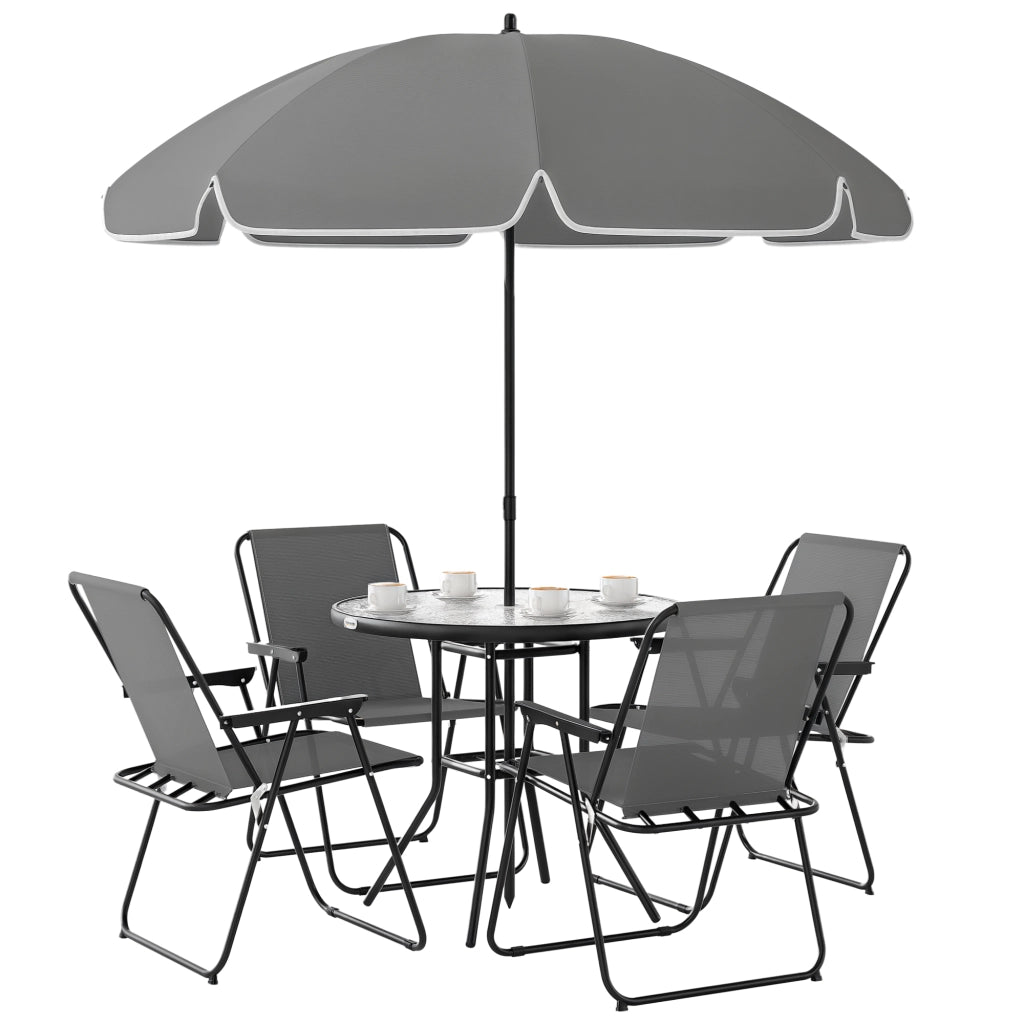 Set da Giardino 6 Pezzi in Acciaio con 4 Sedie Pieghevoli, Ombrellone e Tavolo Rotondo, Grigio e Nero
