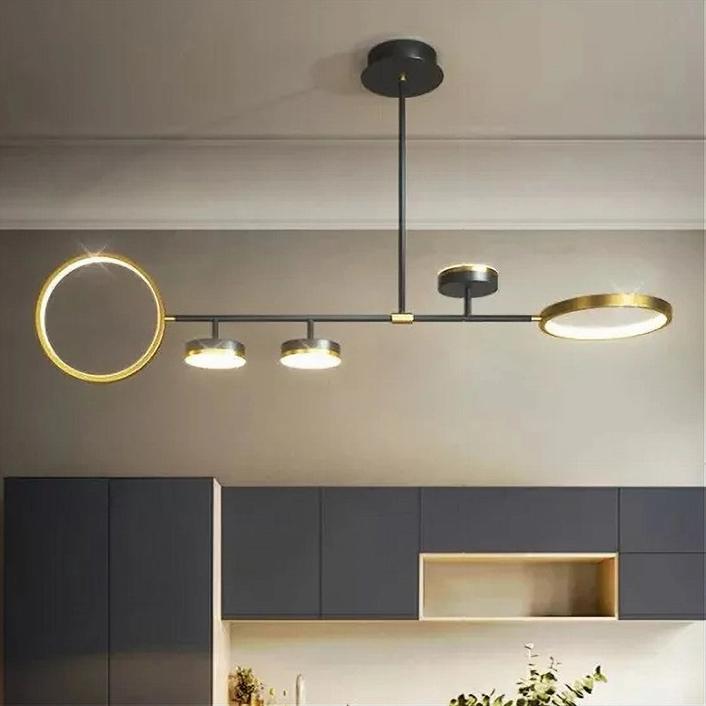 Trade Shop - Lampadario A Sospensione Led 37w Con 5 Cerchi Orizzontale Nero Oro Luce Naturale 71354 -