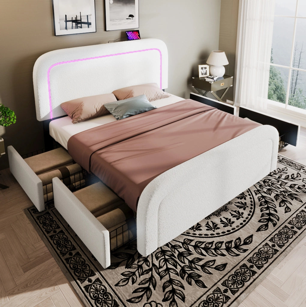 Letto matrimoniale 140x200 cm in Sherpa bianco con USB e Type-C; LED e 4 cassetti