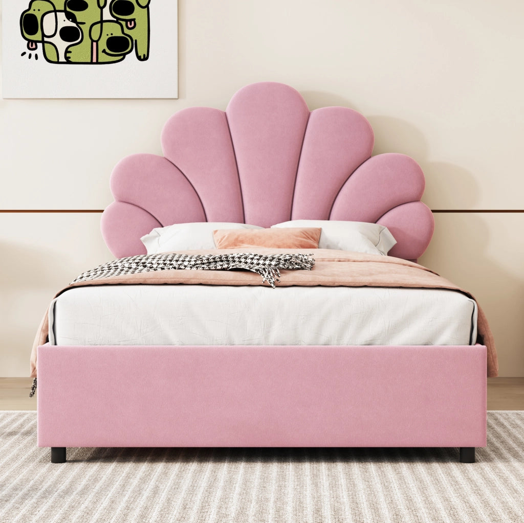 Letto imbottito 90x200 cm con contenitore idraulico e testiera floreale rosa