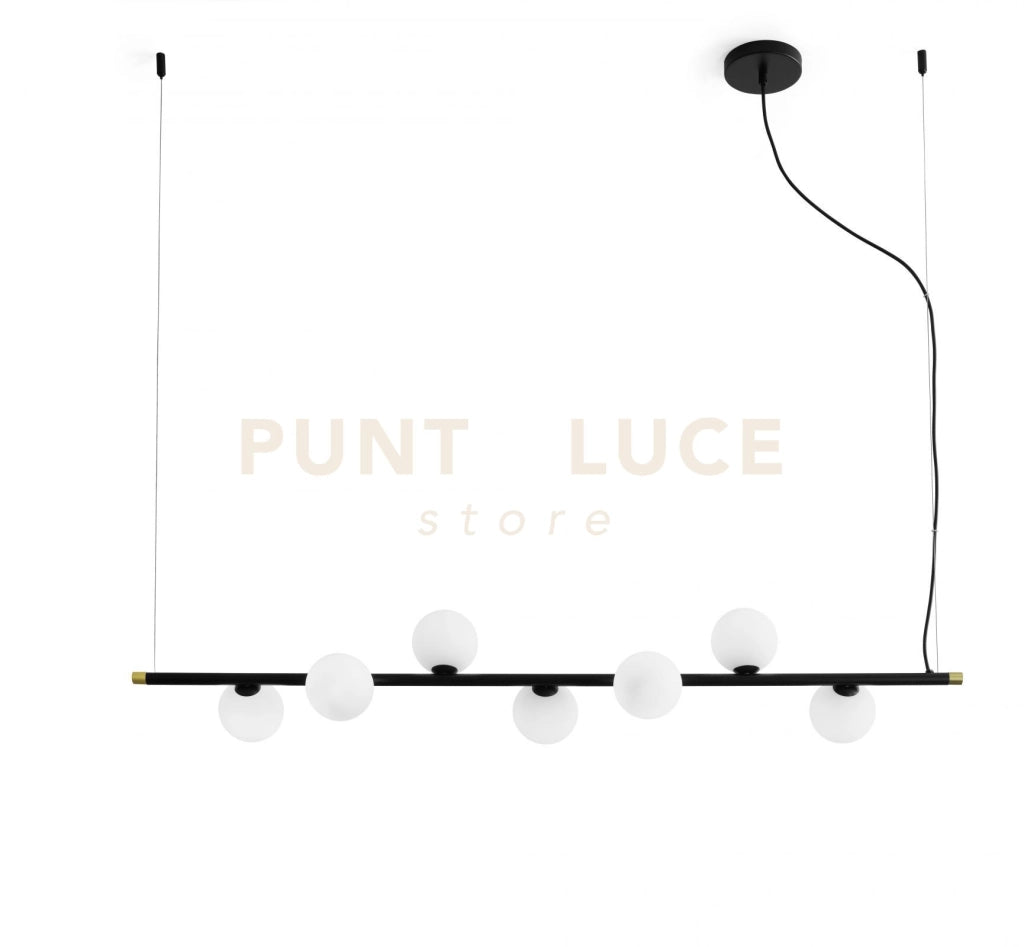 POMI' SOSPENSIONE LINEARE 7 LUCI VETRO BIANCO STRUTTURA NERO PARTICOLARI ORO ATTACCO G9
