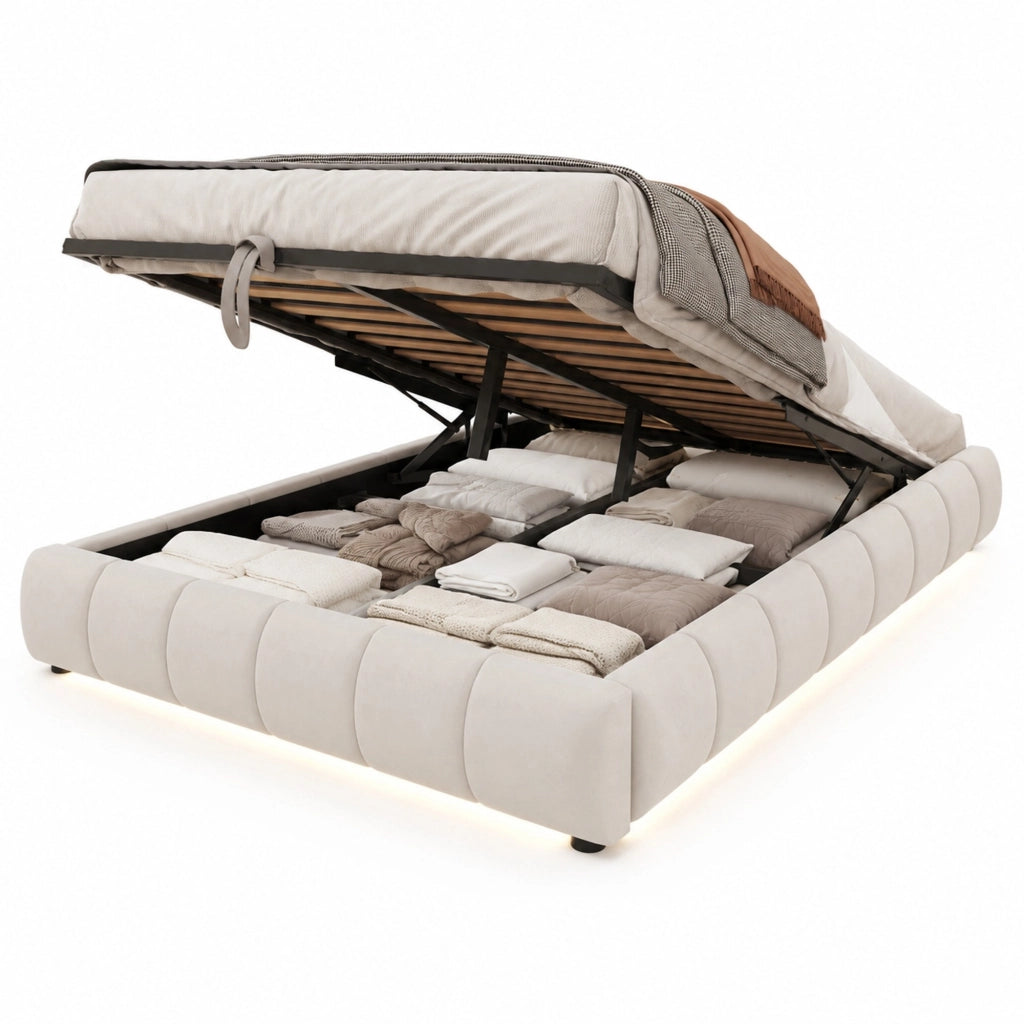 Letto imbottito 140x200 cm con vano contenitore LED beige