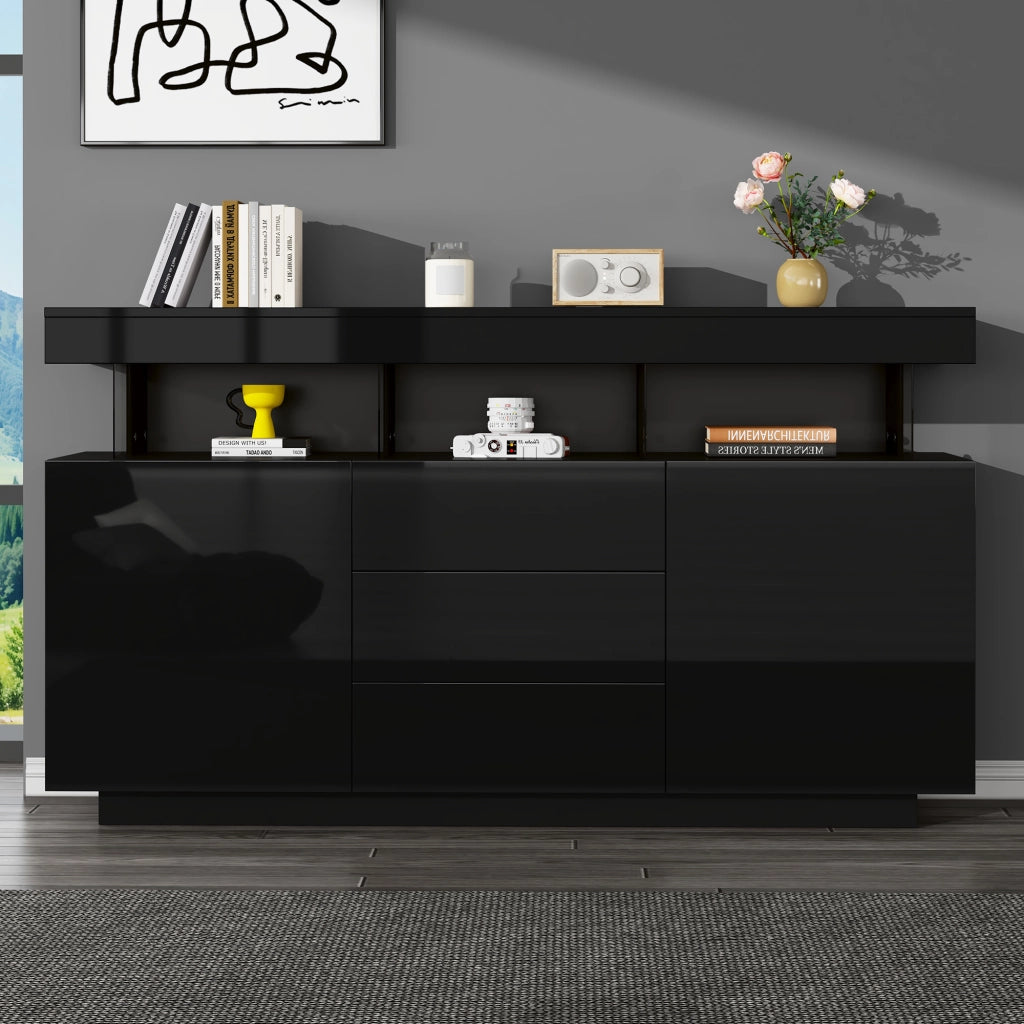 Sideboard moderno lucido nero 140 x 35 x 80 cm con LED, 3 cassetti e 2 vani contenitori