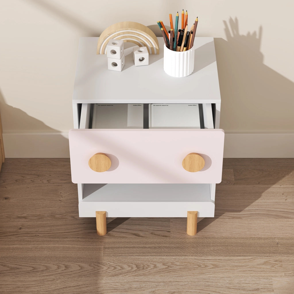 Comodino per Cameretta Vaarentaa con Cassetto e Scomparto Aperto 47x40x35 cm - Bianco/Rosa [en.casa]