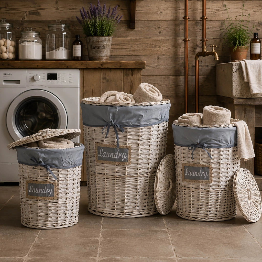 Set 3/5 Pezzi Ceste Portabiancheria in Vimini con Coperchio e Fodera Interna in Tessuto, Contenitori Multiuso per Bucato, Bagno, Lavanderia e Camera da Letto, Design Shabby Chic   3 Ceste QuincyTipo3