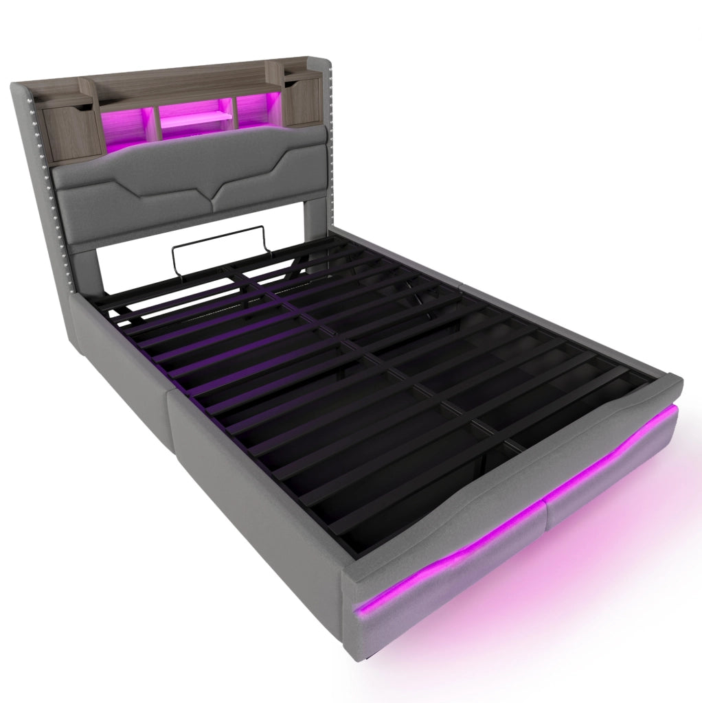 Letto imbottito 140x200 cm con contenitore idraulico, LED e prese USB/Type-C