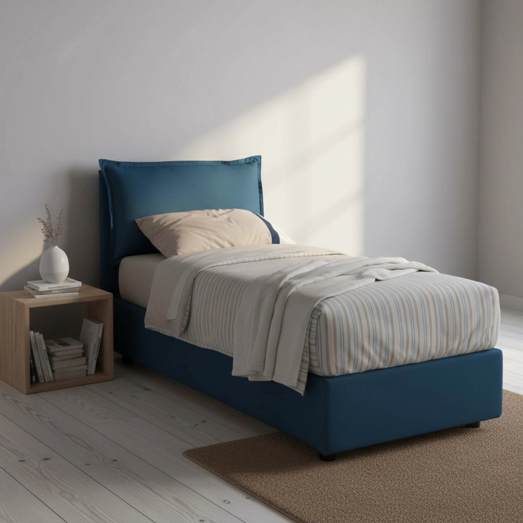 Letto singolo Aigor, Letto contenitore con rivestimento in tessuto, Made in Italy, Apertura frontale, adatto per materasso cm 90x190, Blu