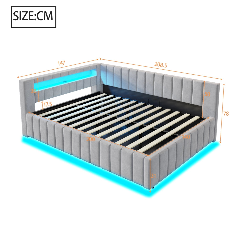 Letto imbottito 140x200 cm con contenitore idraulico; LED e USB; velluto grigio