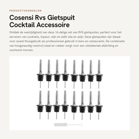Spout per Cocktail - Liqueur - Wijn - Azijn/Olie - 16 pezzi - Acciaio Inossidabile - Altezza 11 cm - Beccuccia per versare