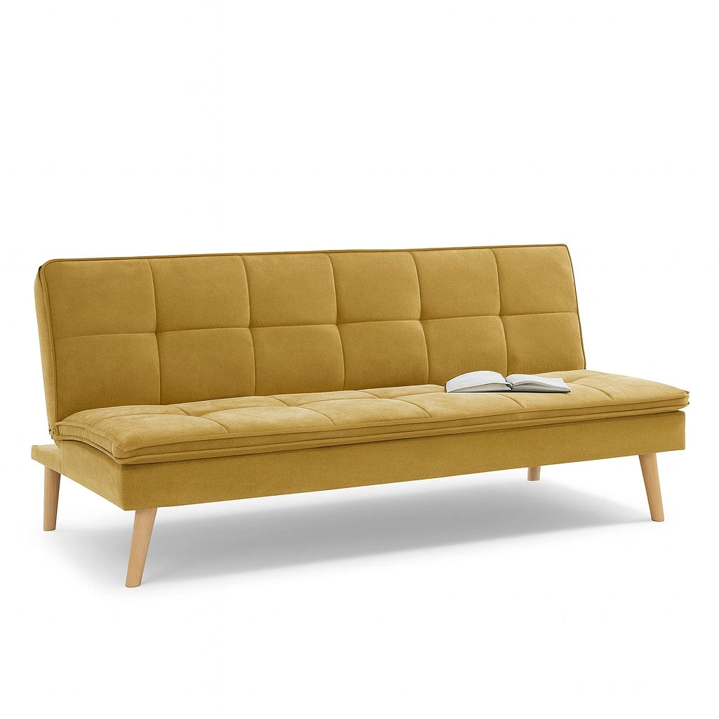 Divano Letto Reclinabile 3Posti in Tessuto Nordico con Gambe Legno Naturale Ocra