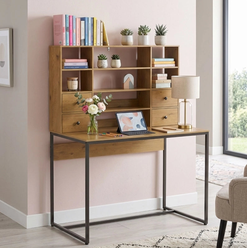 Scrivania con 4 cassetti e ripiani, piano 105 cm, effetto legno naturale