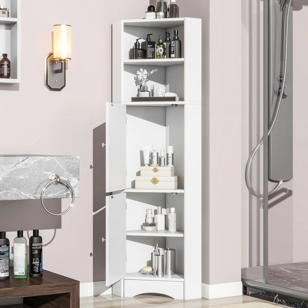 Armadietto da bagno angolare con 2 vani aperti e ripiano regolabile per bagno in truciolare bianco 36.5 × 36.5 × 155 cm