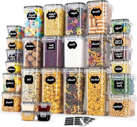 Set di 28 Scatole di Stoccaggio in Plastica Aereostatiche con Coperture - Organizzatore per Cucina per Cereali Farina Caffè Semi di Caffè - Contenitori di Stoccaggio 2L 1,4L 0,8L 0,32L
