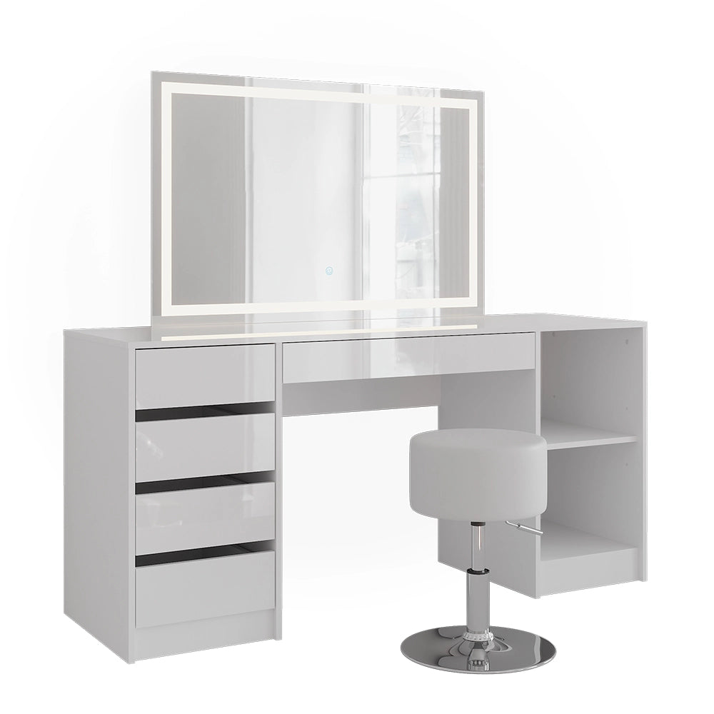Vicco Tavolo da toeletta Bianco/bianco lucido 158.2 cm con specchio LED e sgabello