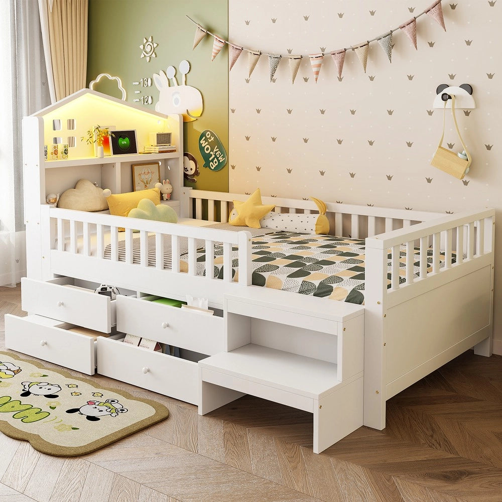 Letto Singolo Bambini 90x200 con Cassetti, LED e Rete a Doghe ¨C Xylo ¨C Massello Bianco