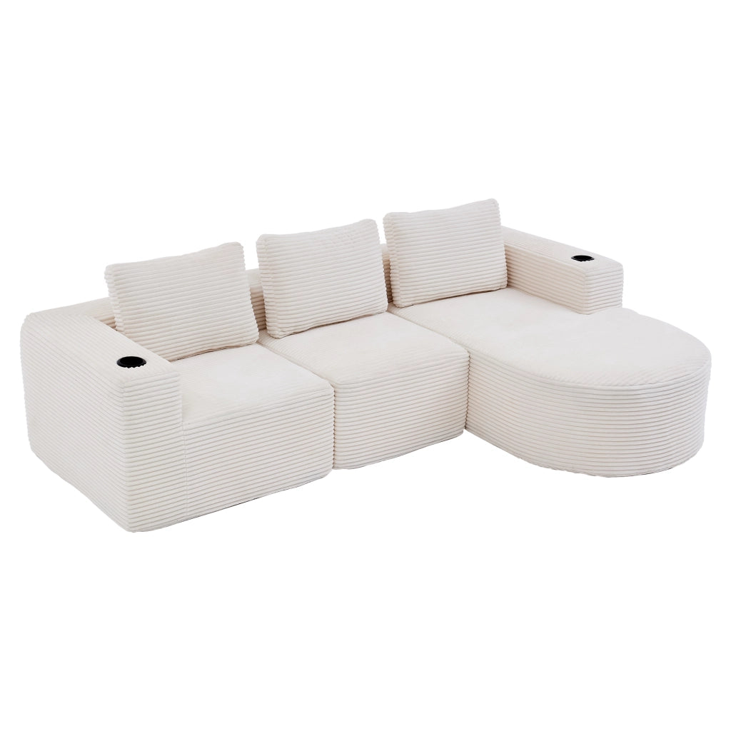 Divano lineare 2 posti con 3 cuscini e 2 portabicchieri, tessuto in poliestere, Beige 265 cm