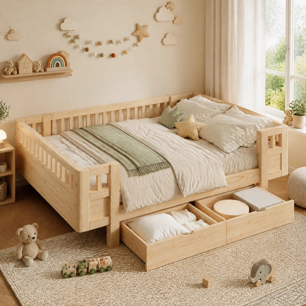 Letto per bambini in legno massiccio con sponde protettive e due cassetti, finitura legno 140 × 200 cm