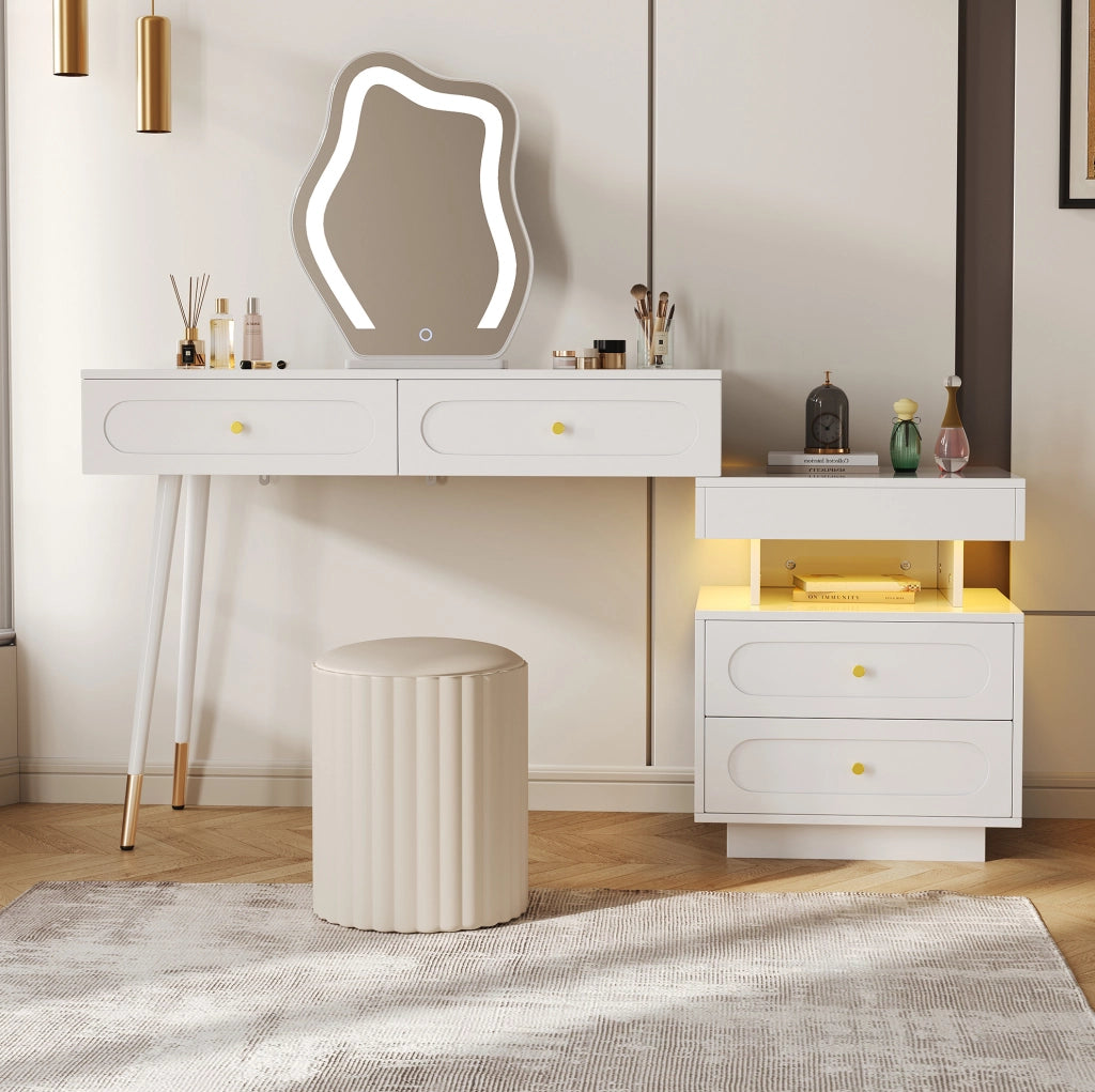 Toeletta bianca con specchio LED, 4 cassetti e mobile laterale