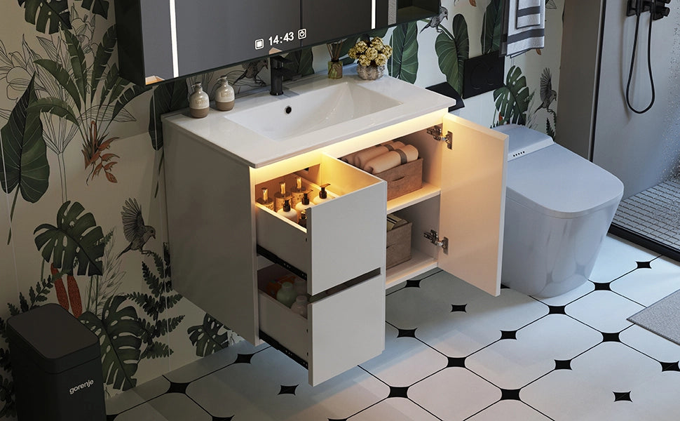 Mobile sottolavabo con 2 cassetti e lavabo integrato, LED a sensore radar, per bagno, in MDF e ceramica, bianco, 76 × 47 × 57 cm