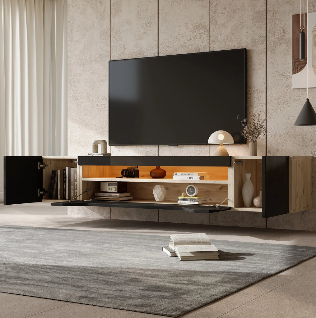 Mobile TV sospeso 180 cm con LED, 3 vani e frontale lucido nero/legno